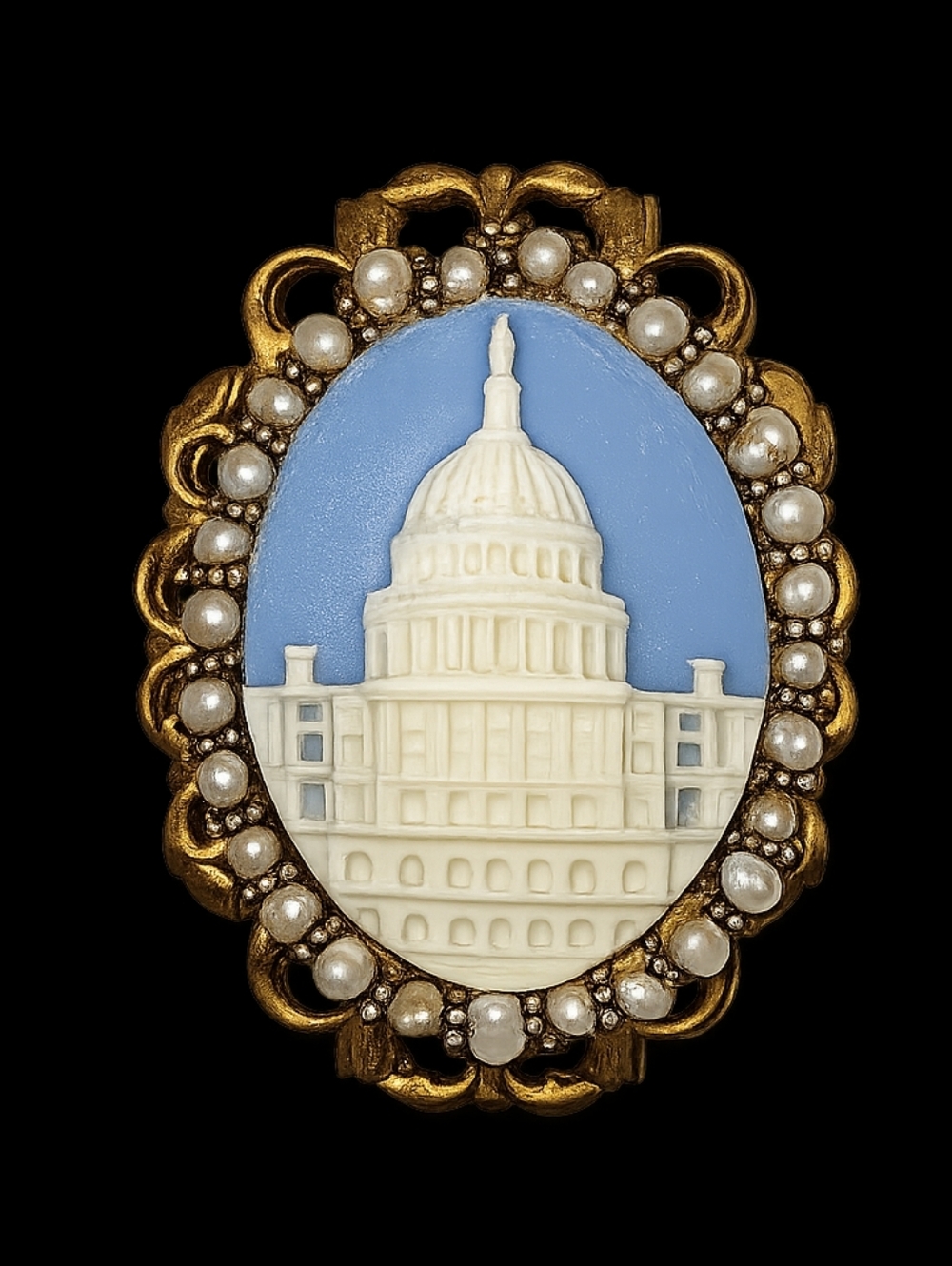 Vintage Cameo Brooch US Capitol Building Blue White Faux Pearl Gold Tone